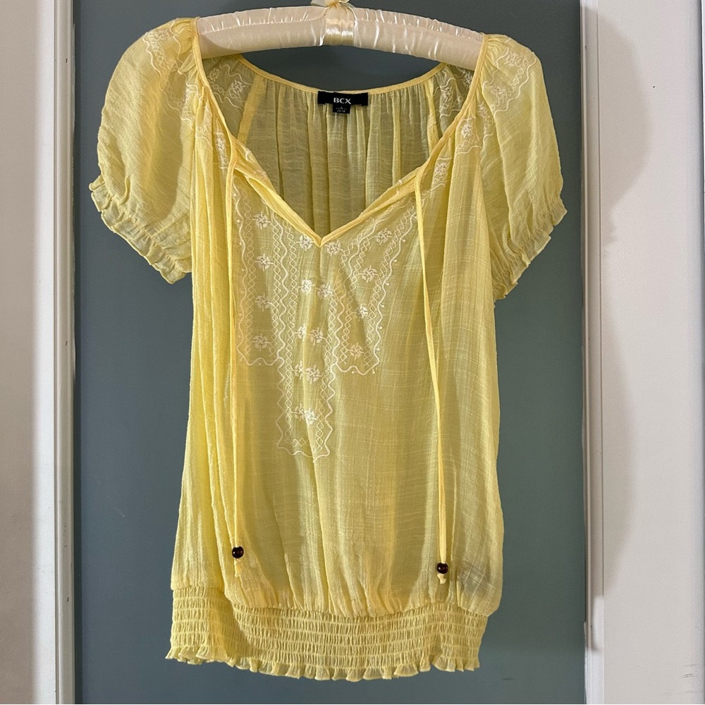 BCX Women's Yellow sheer embroidered short sleeve Blouse